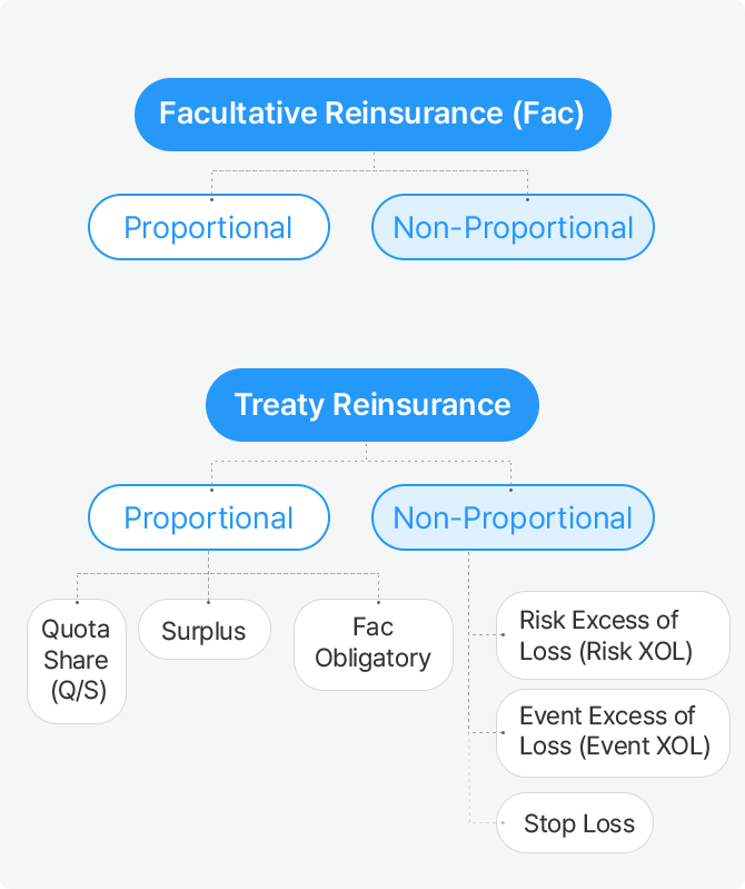 재보험의 종류, 자세한 설명은 다음에
